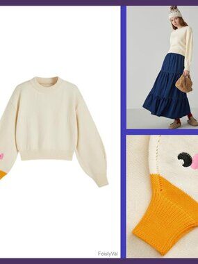 CIDER Women's Chunky Cropped Sweater Pullover Goose Pattern Crew Neck